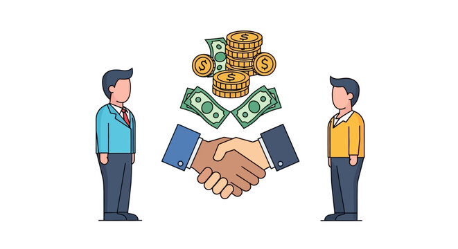 Businessmen shaking hands with money and coins above.