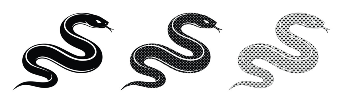 Black snake vector set, slithering serpent silhouettes in three styles, minimalist reptile icons for tattoo design and wildlife branding