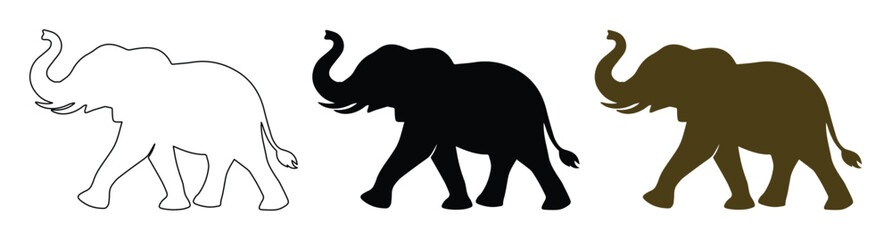Obraz premium Elephant silhouette vector set, walking african elephant outlines in black and brown, 3 wild animal icons for safari branding and nature logos