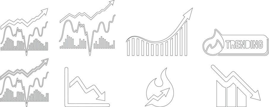 Black financial growth and decline icon set vector for business analytics, profit loss chart, market trends, economic performance, investment strategy and corporate finance illustration