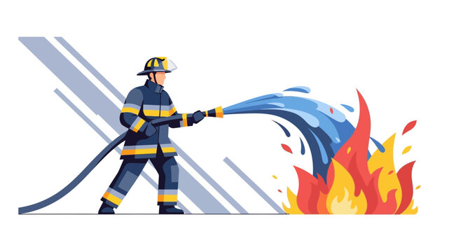 Brave firefighter extinguishes raging fire with water hose.