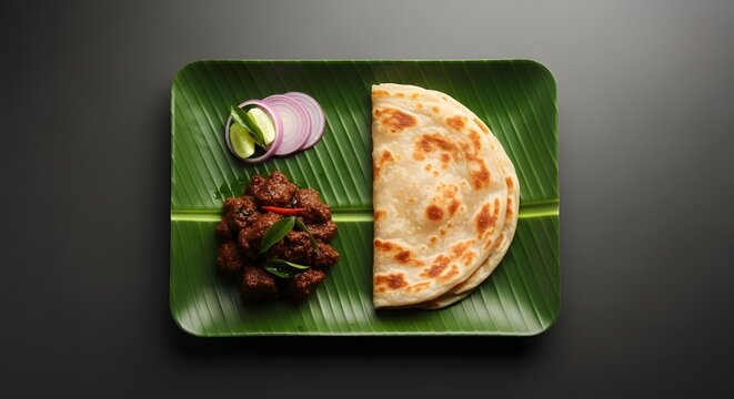 Beef curry and parotta served on a banana leaf top view high quality