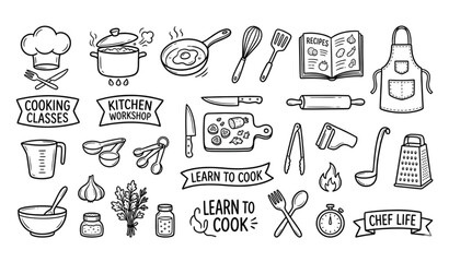 Cooking classes doodle vector icons with chef hat whisk and frying pan illustrations © MdRabbi