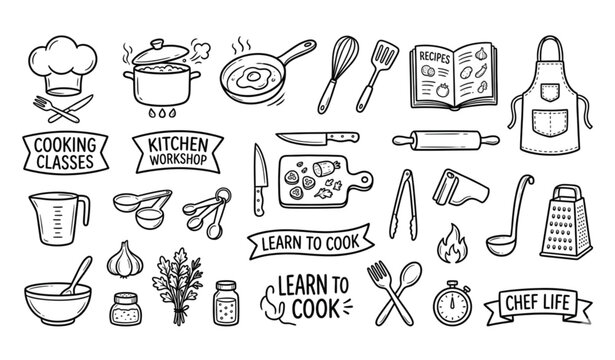Cooking classes doodle vector icons with chef hat whisk and frying pan illustrations