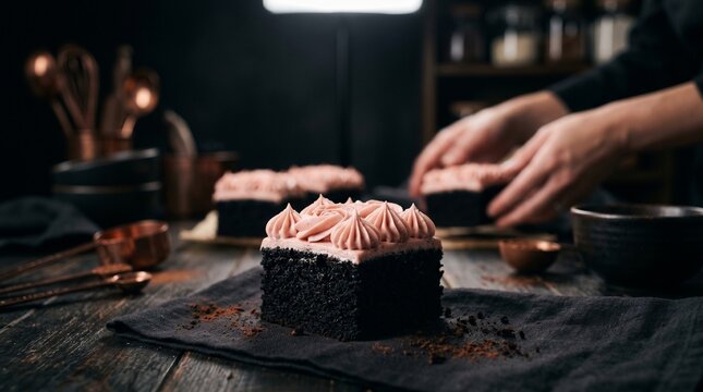 Black velvet cake squares decorated with pale pink icing rosettes, Black velvet cake pieces, Pink icing rosettes, Moody dessert workshop, Luxury bakery close up, Romantic food styl