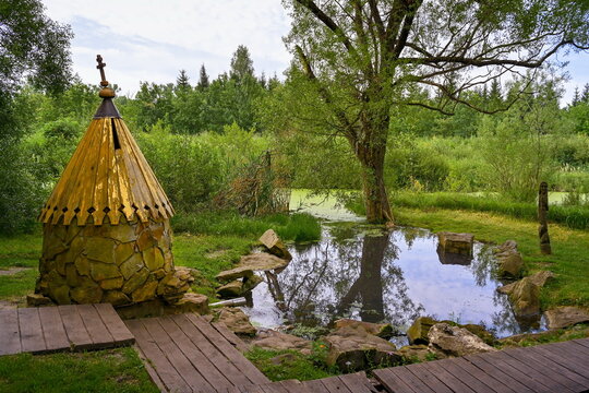Decorative tower at the small source of the Oka River, Oryol region of Russia
