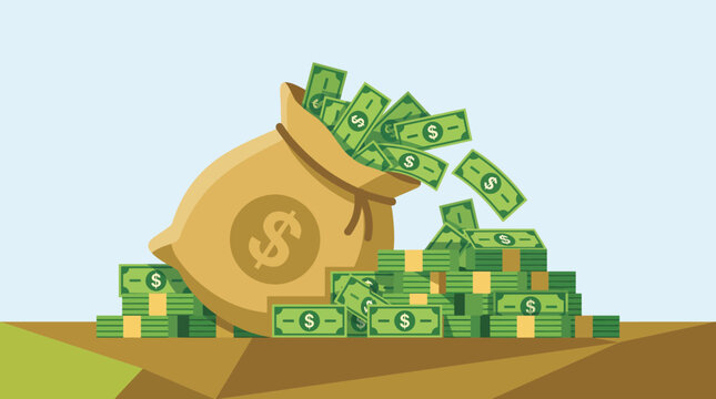 A cartoon illustration of money overflowing from a bag.