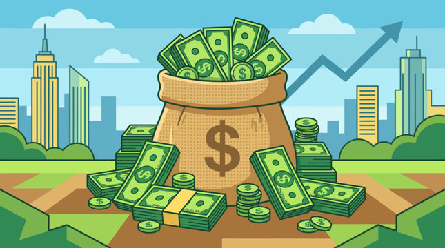 A cartoon illustration of a money bag with dollars and a city skyline background.