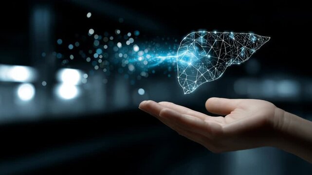 Hologram of a hand and liver represents hepatitis treatment ideas and support