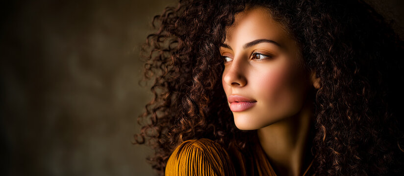Cinematic Portrait of a Beautiful Woman with Voluminous Curly Hair Looking Away