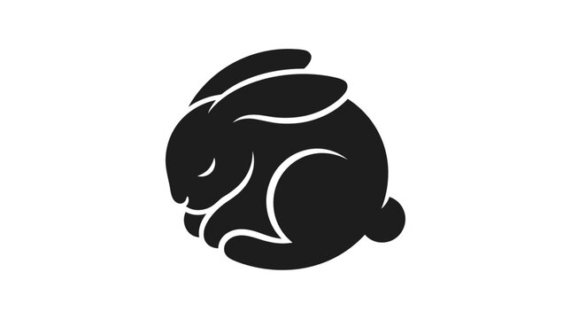 Stylized black rabbit graphic, curled up and sleeping peacefully, perfect as a minimalist logo element or serene animal silhouette illustration for various designs