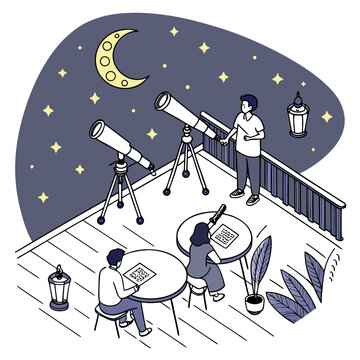 People stargazing with telescopes on a balcony at night sky crescent moo