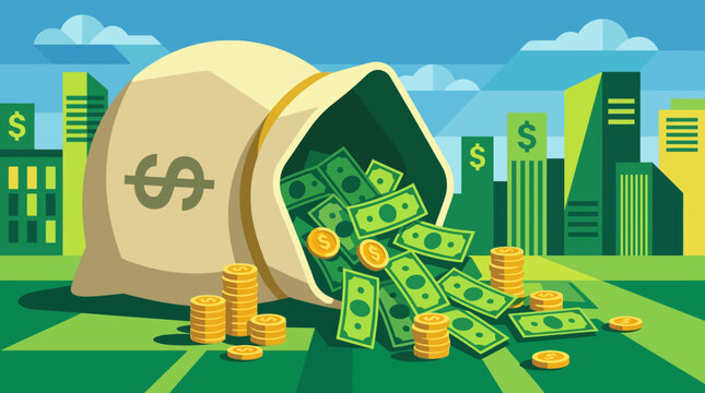 A cartoon illustration of money spilling out of a bag in a city.