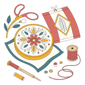 Embroidery hoop with floral pattern and sewing tools ilustrac on dibujo lineal