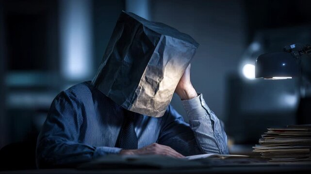 Office man struggles with anxiety and stress during late night work session