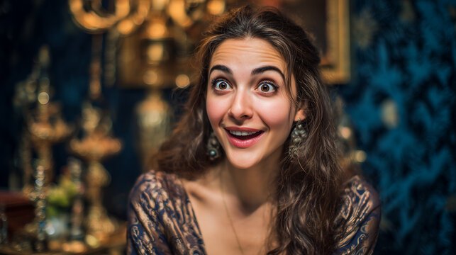 Portrait of an excited and surprised young woman looking away with a shocked happy expression in a vintage room 