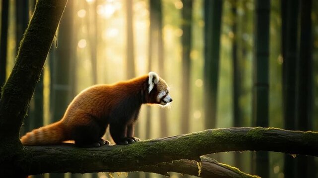 Red Panda Sitting on Mossy Tree Branch in Golden Forest Light, Wildlife Photography Concept for Conservation and Nature Awareness Campaigns