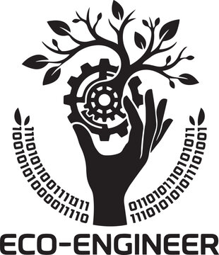 Eco engineer concept logo design with hand holding cogwheel gear and growing tree with binary code data, cad drawing flat vector illustration.