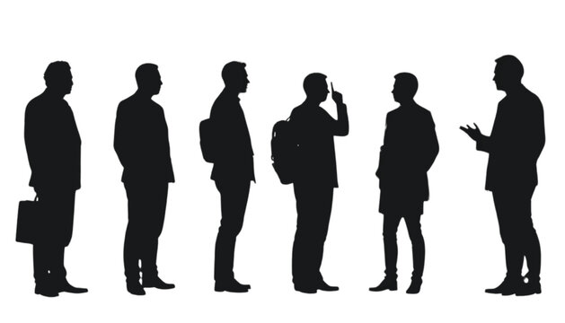 Businessmen stand in a line representing a professional queue where individuals wait for their turn to engage in important corporate discussions while holding briefcases and backpacks near each other.