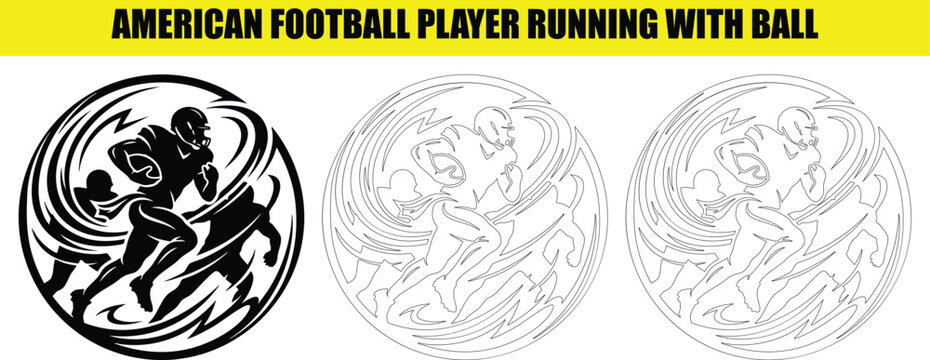 American football player running with ball, determined athlete in action, dynamic motion.