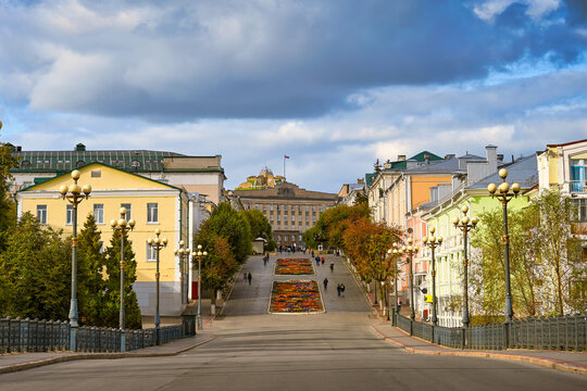 Lenin Street architecture in Oryol city in the evening light, Oryol region of Russia