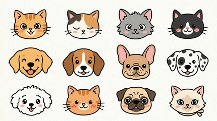 Fototapeta premium Collection of Cute Cartoon Animal Faces Including Cats and Dogs.