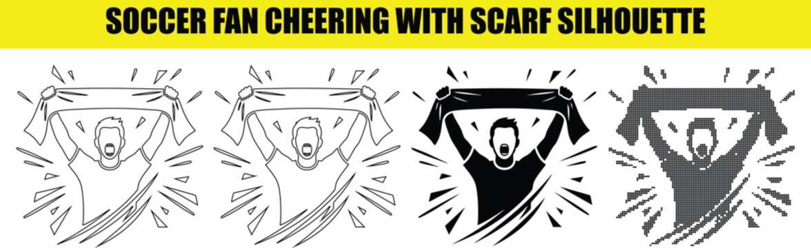 Soccer fan cheering with scarf silhouette design element, illustration of football supporter with fan attribute.
