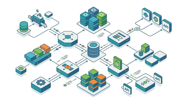 Isometric cloud computing network architecture featuring data servers, databases, API integration points, security encryption, and synchronized information flow in flat vector style.