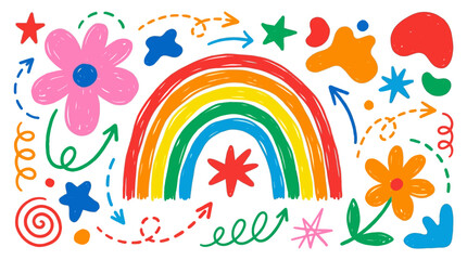 Fototapeta premium Vibrant Hand-Drawn Doodle Collection with Rainbow, Flowers, and Stars