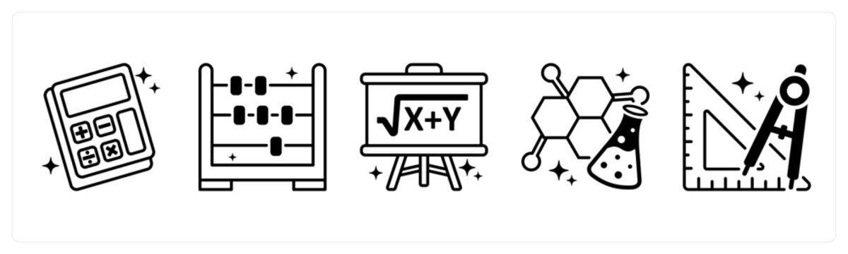 A set of 5 icons as calculator, abacus, maths in orange color