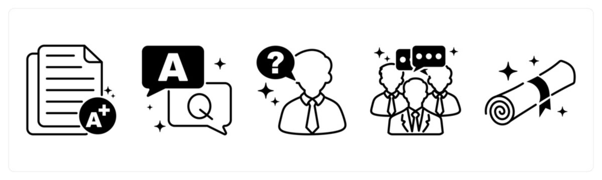 A set of 5 icons as grading, question answer, doubt in orange color