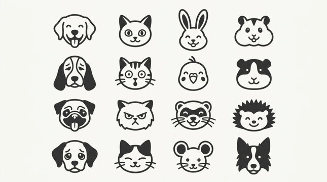 Collection of Hand Drawn Animal Faces Icons Vector.