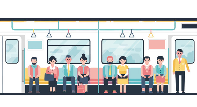 Diverse group of people sitting and standing inside a subway train car.