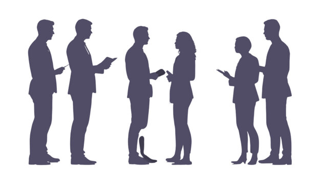 Partners stand in pairs to exchange documents and share information during a busy workday while utilizing mobile devices to maintain productivity and connectivity within a modern corporate setting.