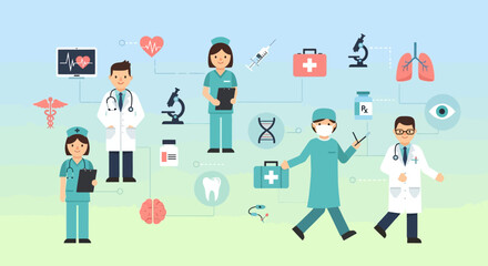 Fototapeta premium Medical Team and Healthcare Icons - Doctors, Nurses, and Medical Equipment