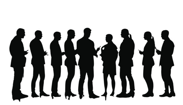 Business people gather in a professional group to communicate and share ideas while standing together in a corporate office setting to finalize their important project plans for the entire team.