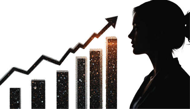 Businesswoman watches an ascending bar graph chart that highlights reaching new milestones and achieving significant financial prosperity within a highly competitive and modern global corporate.