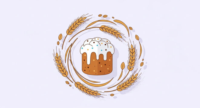 Flat Design Illustration of Easter Kulich Cake with White Icing Sprinkles and Wheat Wreath on Lavender Background