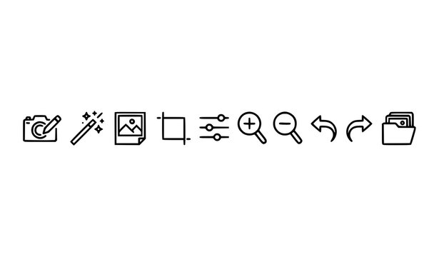Minimal Photo Management Line Icon Collection with Editing Tools, Image Processing Symbols, and Digital Media Controls
