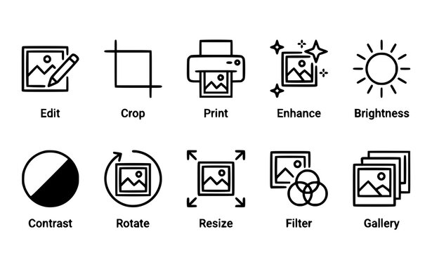 Simple Photo Editing Vector Line Icon Set Featuring Edit Tools, Image Enhancement, Print and Camera Controls in Minimal Outline Style