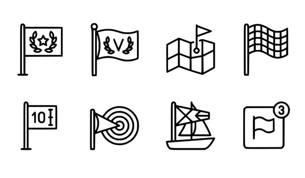 Simple Flag Achievement Vector Line Icon Set Featuring Victory Symbols, Map Markers, and Navigation Flags in Minimal Outline Style