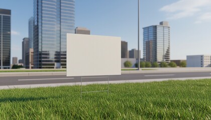 Obraz premium Blank yard sign in green grass near city street. Sunny day provides perfect backdrop for advertising information. Blank sign mockup offers versatile marketing opportunities. Bright summer day