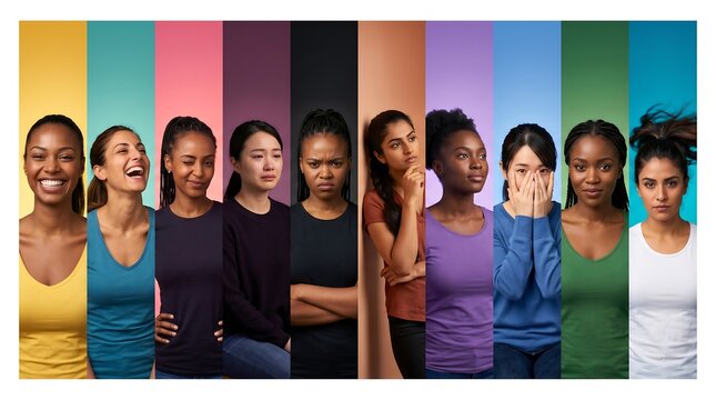Collage of women showing different emotions and expressions with emotions expressions diversity portrait surprised thinking laughing frowning