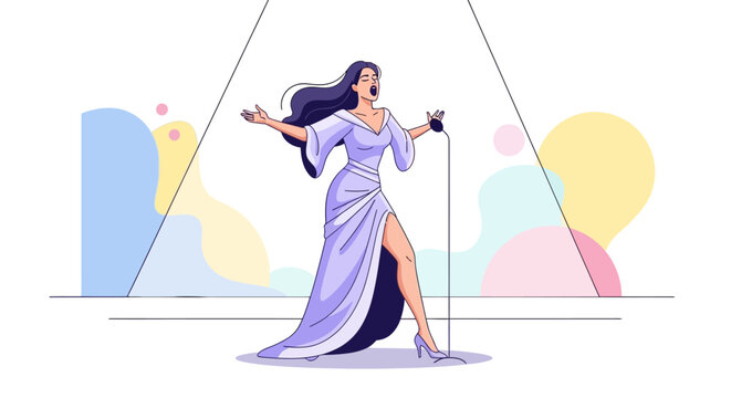 Elegant Woman Singing on Stage in a Flowing Gown.