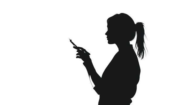 Woman holds a smartphone while standing in a profile silhouette against a bright white background to represent modern digital communication and the constant connectivity of our contemporary lifestyle.