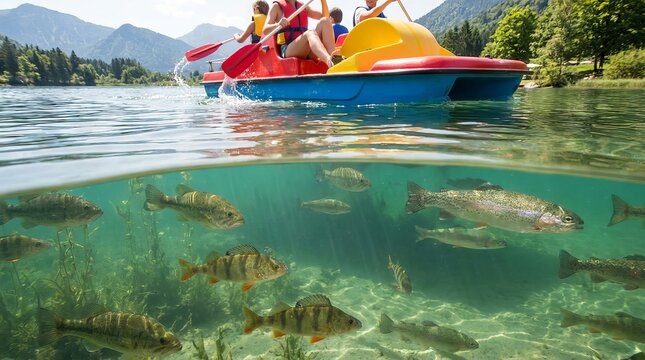 Split view of family on pedal boat with fish underwater in alpine lake.