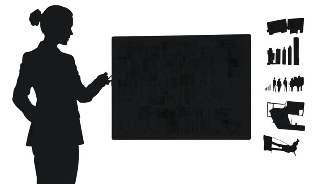 Businesswoman silhouette presents a large dark rectangular board featuring various icons and diagrams to explain complex financial data and analytical reports during a professional corporate meeting.