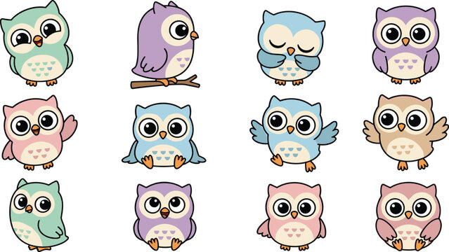 Cute Pastel Owl Cartoon Collection Featuring Adorable Kawaii Owl Characters in Funny Poses for Kids Vector Illustration Design Set