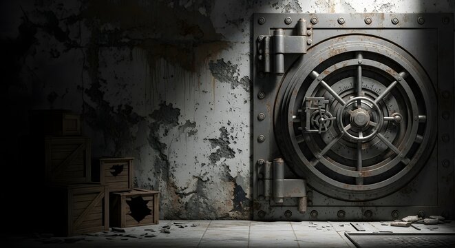 Steel vault door with combination lock on concrete wall secure storage high quality