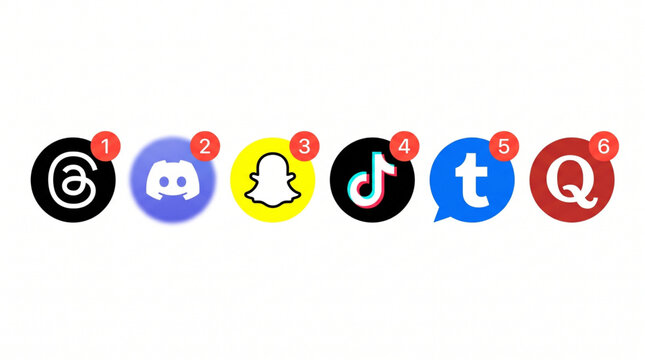 Set of Popular Social Media App Icons Vector for Messaging and Networking Including Threads, Discord, Snapchat, TikTok, Tumblr, and Quora with Red Notification Badges Isolated on White Background Set
